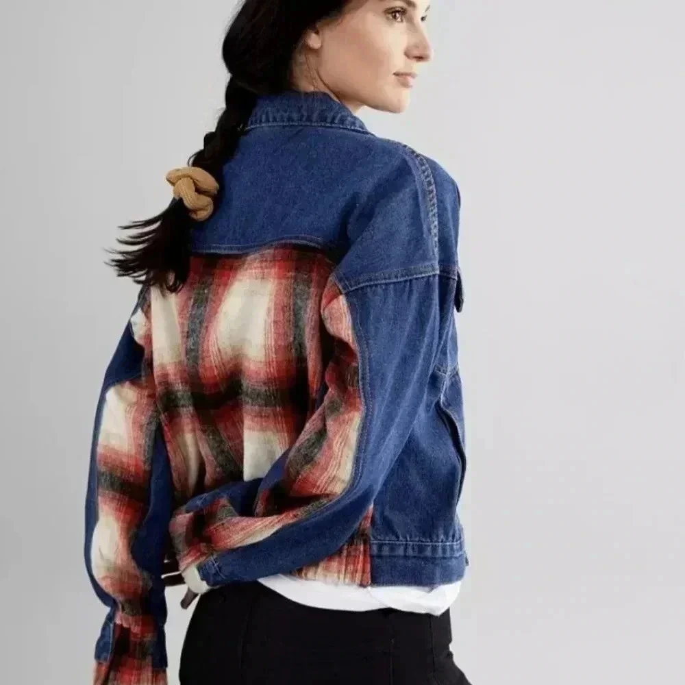 BKE Buckle Brushed Wool Blend Plaid Denim Jacket Sz S